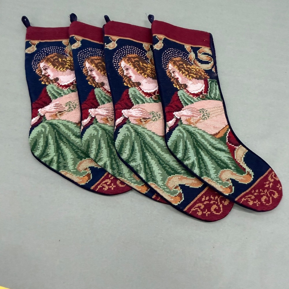 Set of 4 Vintage Needlepoint Christmas Stockings Angel Lute Navy Velvet 19"